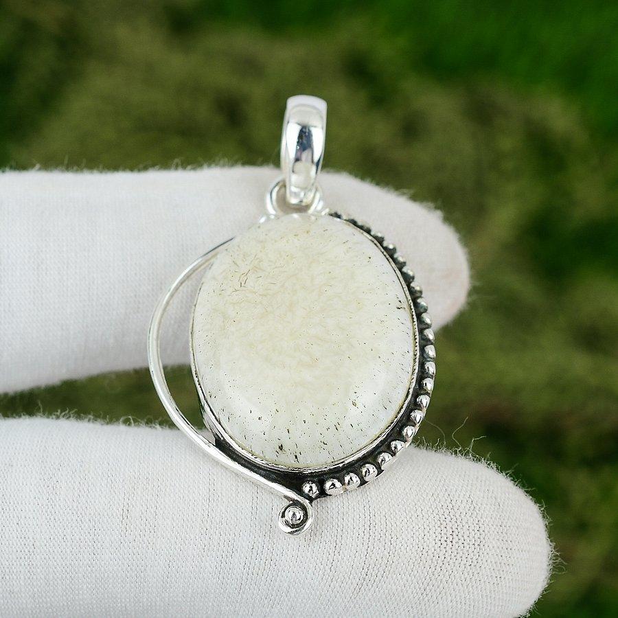 Oval Natural Scolecite Crown Chakra Handmade Engagement Pendant Sterling Silver