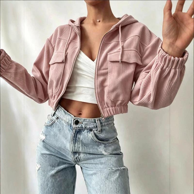 Women's Solid Color Core Fleece Hooded Drawstring Zipper Bubble Long Sleeve Short Jacket