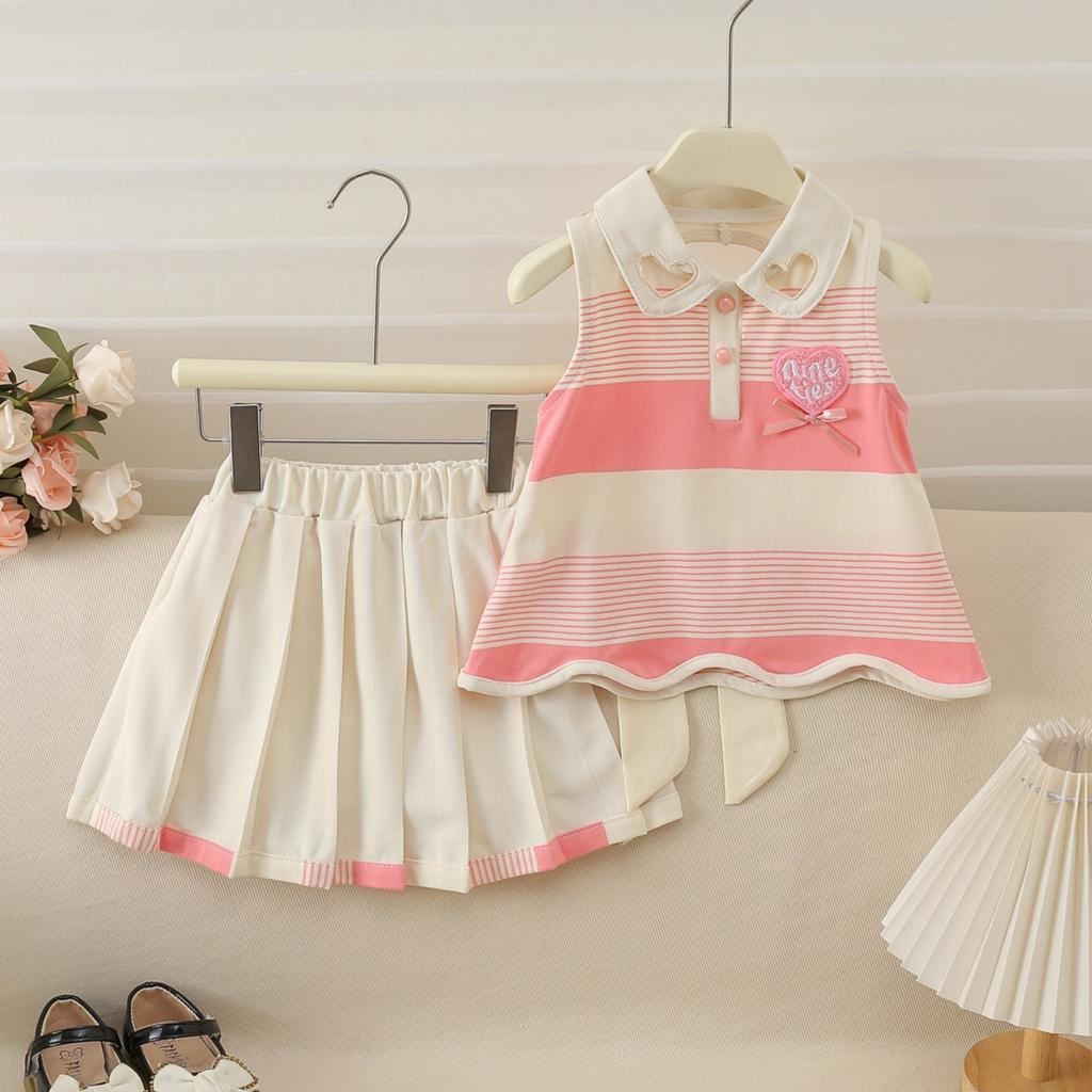 Girls Summer Sleeveless Backless Dress Set with Heart Cutout and Bow
