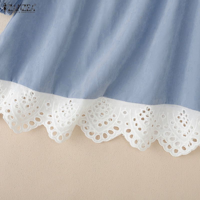 ZANZEA Damen Casual Rundhals Kurzarm Spitze Einsatz Bluse