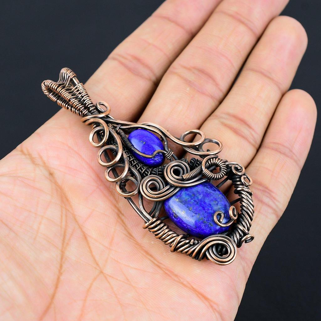 Pandantiv Lapis Lazuli Bijuterii cu Pietre Prețioase Lucrate Manual, Pandantiv Înfășurat în Sârmă de Cupru 999, Pandantiv Bijuterii cu Design Unic