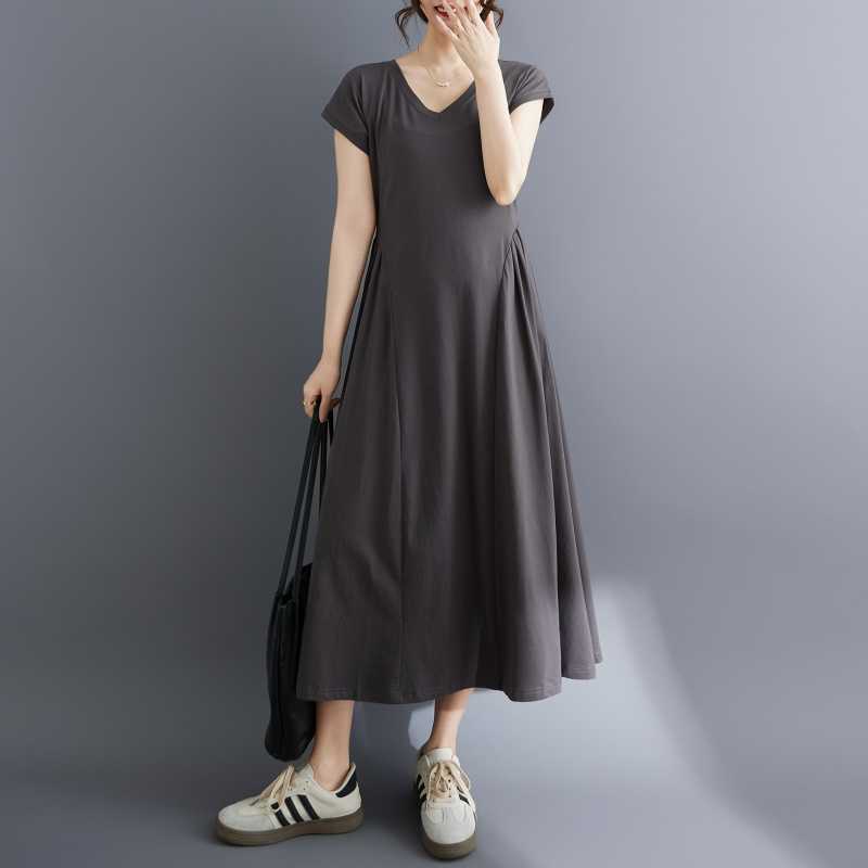 

Dress women s large-size women s clothing summer new retro large-size loose V-neck waist and thin short-sleeved long models S