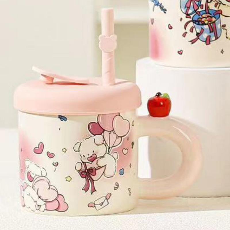 

Summer Straw Cup Cute Cat Mug Water Cup with Lid Ceramic Cup Girl Couple Birthday Gift Souvenir 401-500ml