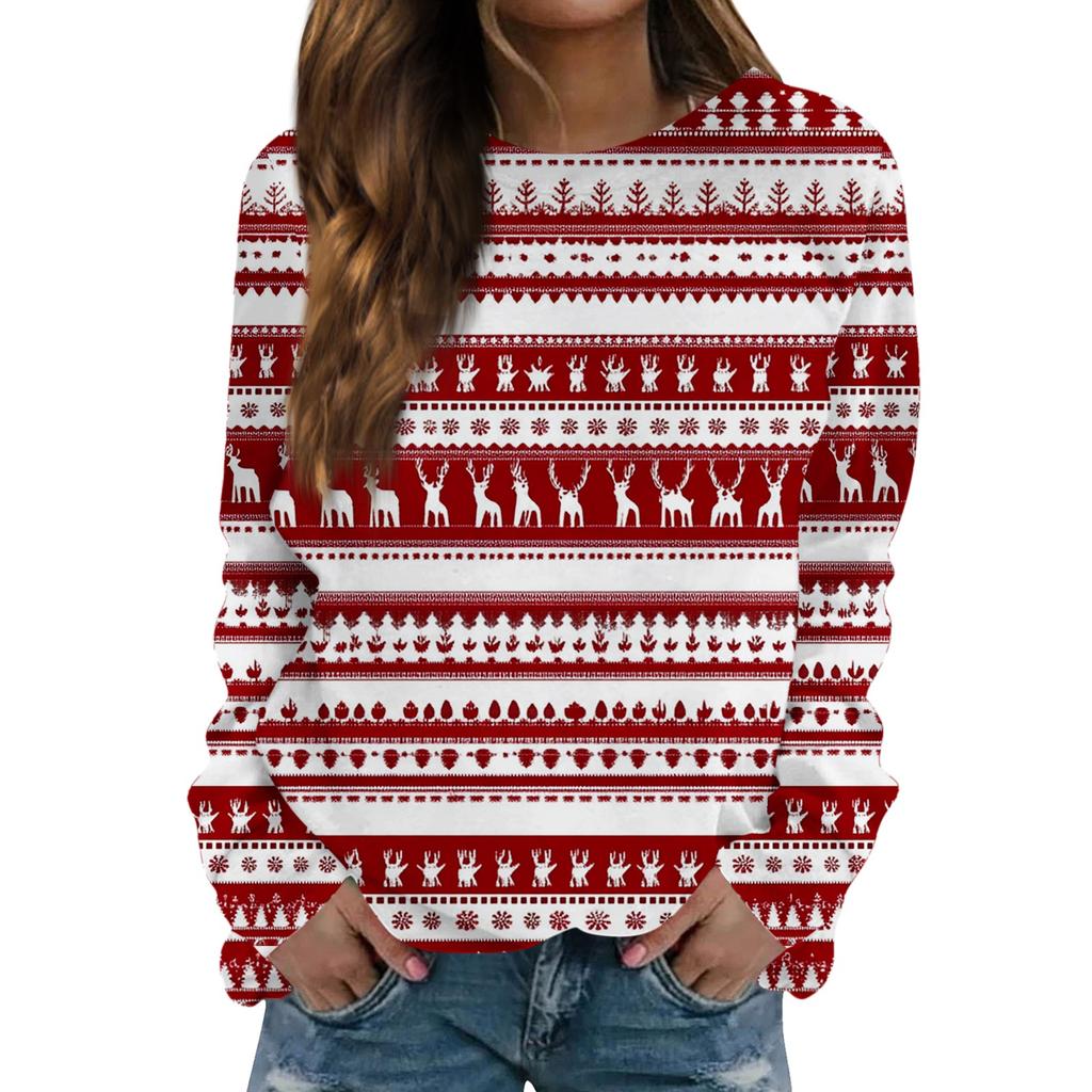 Damen Modisches Lässiges Langarm Retro Weihnachts Schneemann Print Rundhals Oberteil