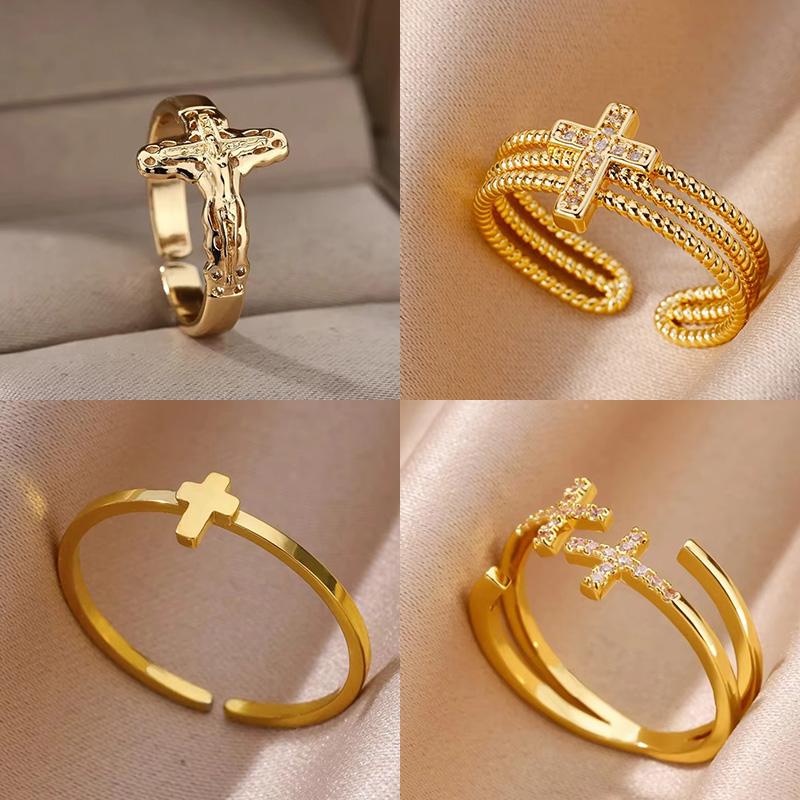 Vintage Jesus Cross Rings For Women Men Gold Color Stainless Steel Jesus Cross Adjustable Ring Religious Party Jewelry Gift