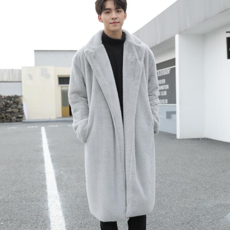 Men's Autumn and Winter Mink Fur Coat Long Knee-length Artificial Fur Coat Thick Plush Windbreaker Cotton Coat Trendy