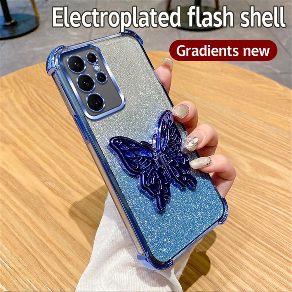 Shockproof Glitter 3D Butterfly Holder Stand Phone Case For Samsung S25 S24 S23 S22 S21 S20 FE Note 20 Ultra Plus Plating Cover