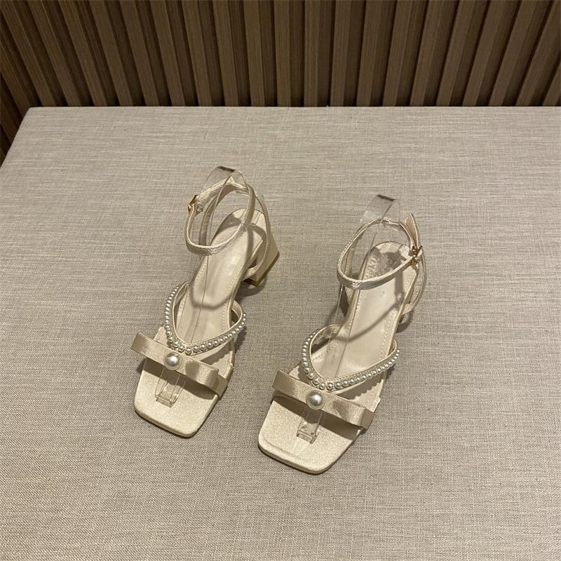 

Fashion Block Heel Sandals Women s Fashion Square Toe Open Toe Beaded Butterfly Butterfly One Strap Non-Slip Kitten Heel Shoes 40 шампанского