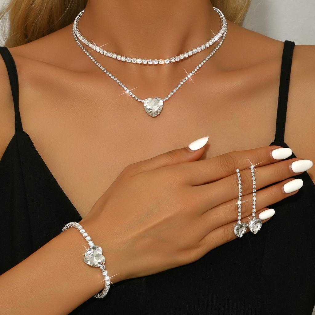Jewelry Heart Rhinestone Necklace Earrings Bracelet Three-piece Set Fashion Bridal Set Dress Accessories Women's