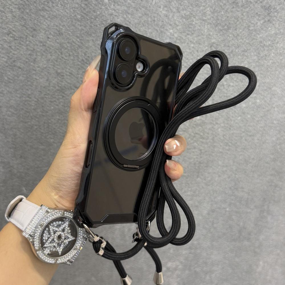 Crossbody Lanyard Transparent Magnetic Holder Stand Case For  iPhone 12 13 14 15 16 Pro Max Necklace Shoulder Strap Hard Cover