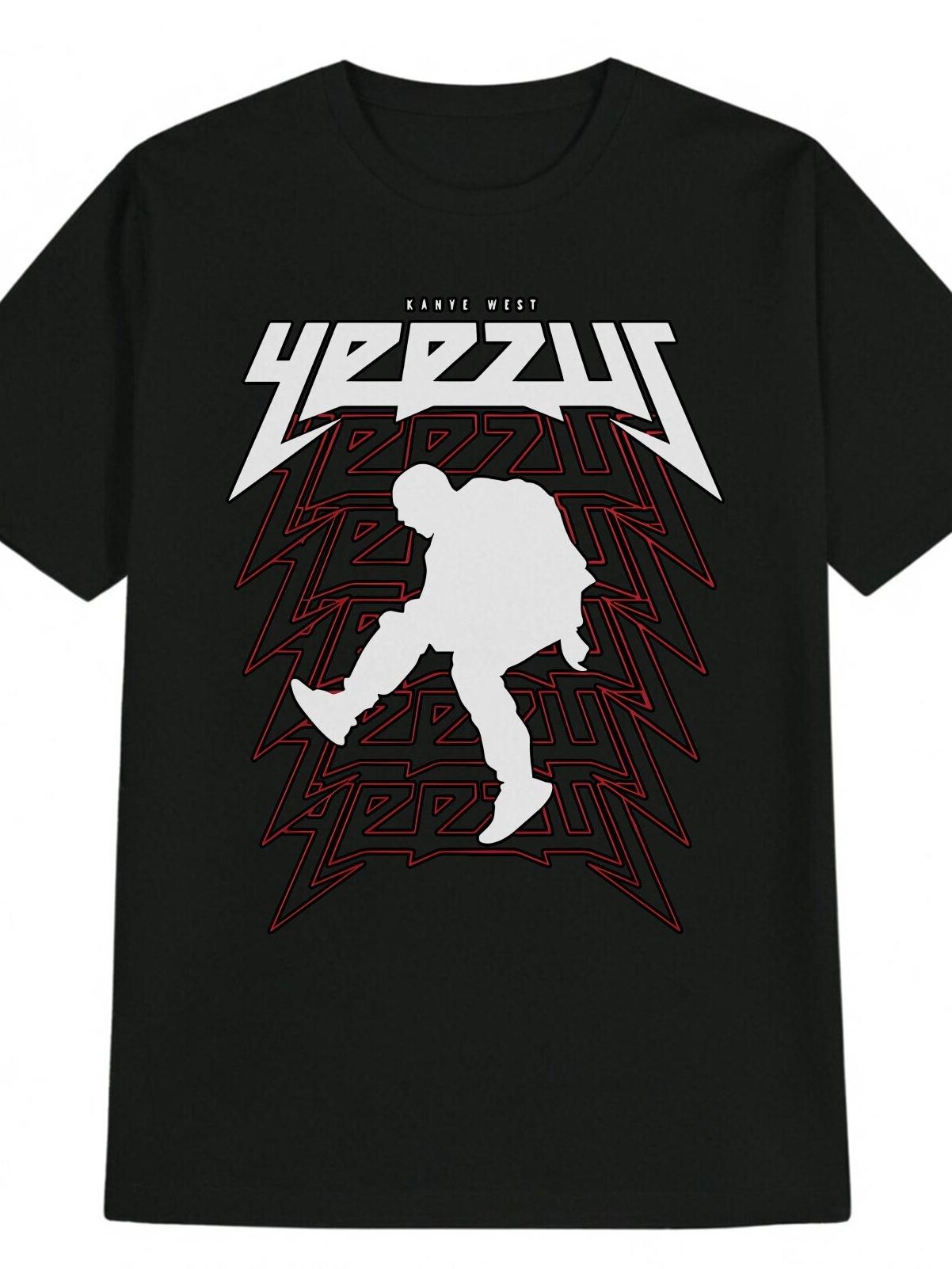 Casual Crew Neck T-shirt with KANYE Graphic Print - Black L