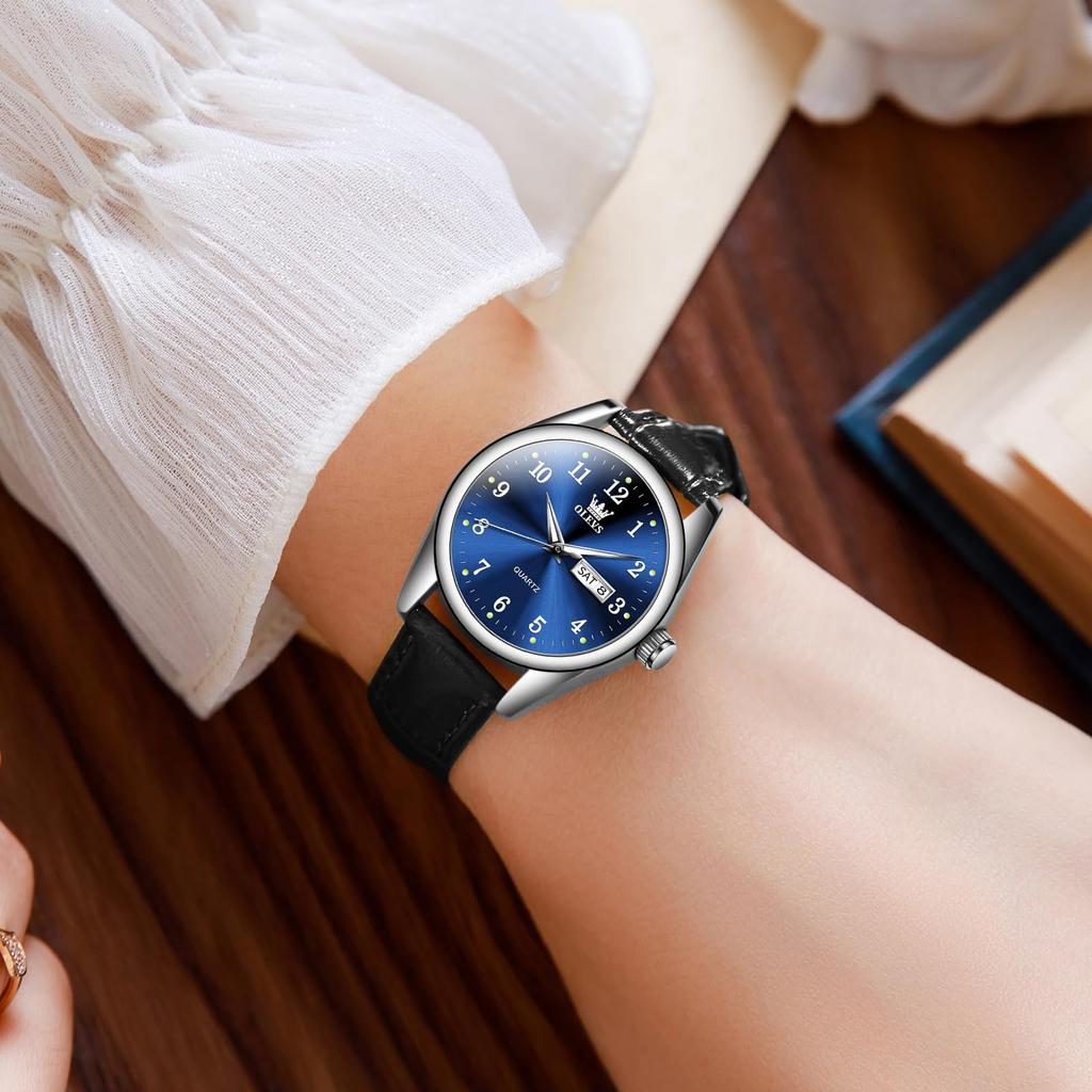 OLEVS Small Analog Quartz Popular Fashionable Wristwatch for Stylish Business Watch with Black Leather Luminous Date Blue Easy To Read Women's Watch,