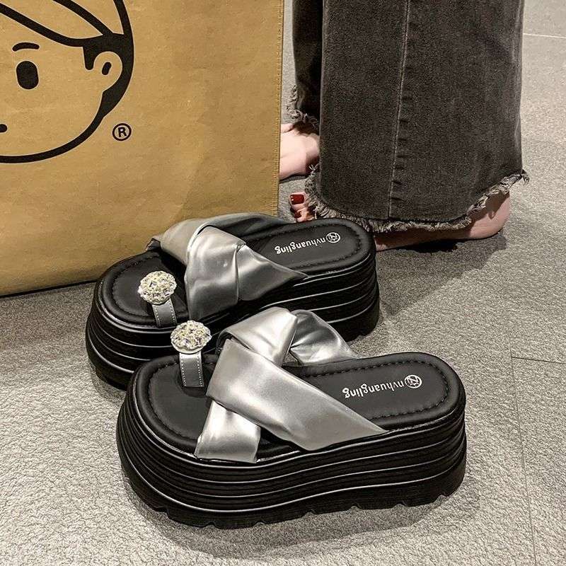 French beautiful platform slippers women's summer wear small 8cm height increase muffin rhinestone cover toes with skirt sandals