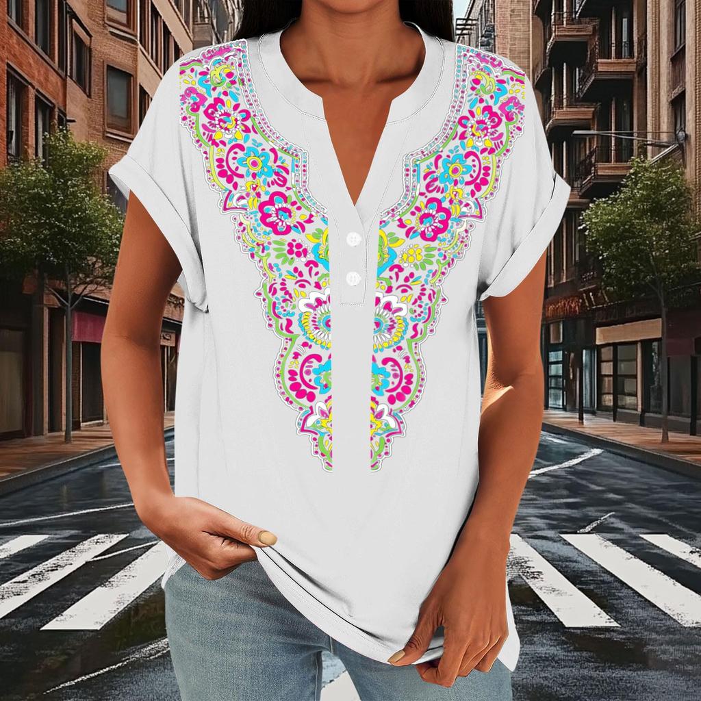 Women's Casual Loose Fit Short Sleeve Button V Neck Floral Print T Shirt Top Lightweight Comfortable Summer Blouse