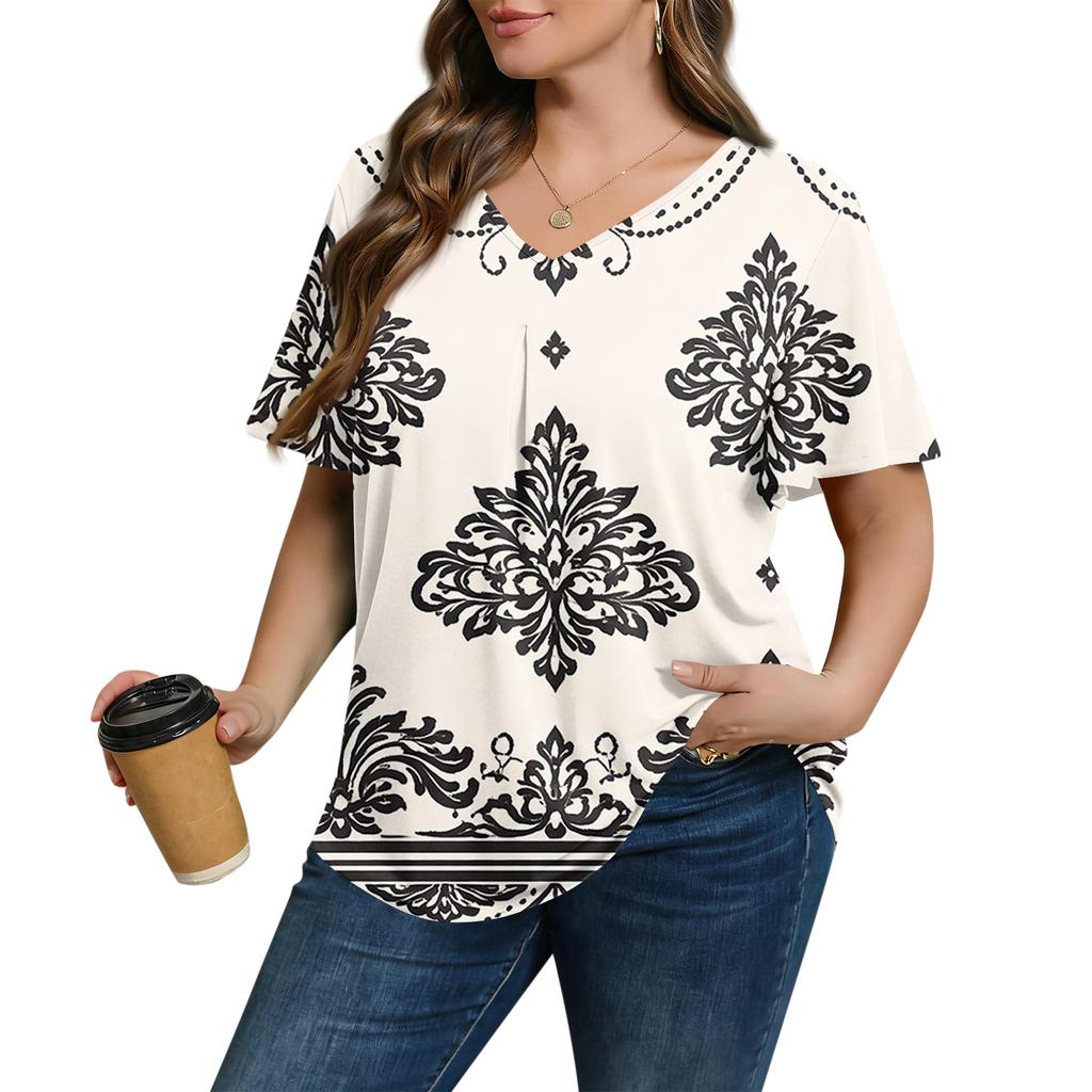 Women's Plus Size Fashionable Casual Loose-Fit Short Sleeve Elegant V Neck Blouse For Work