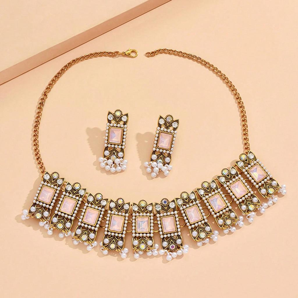 European Style Alloy Gemstone Necklace And Earrings Set With Artificial Pearl Dangles For Women