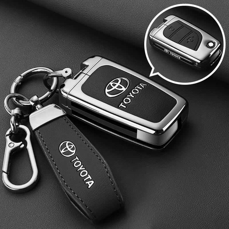 QHJS9 Zinc Alloy Leather Car Key Case Cover Shell for Toyota CHR Hilux Fortuner Land Cruiser 200 Camry Corolla Crown RAV4 Highland