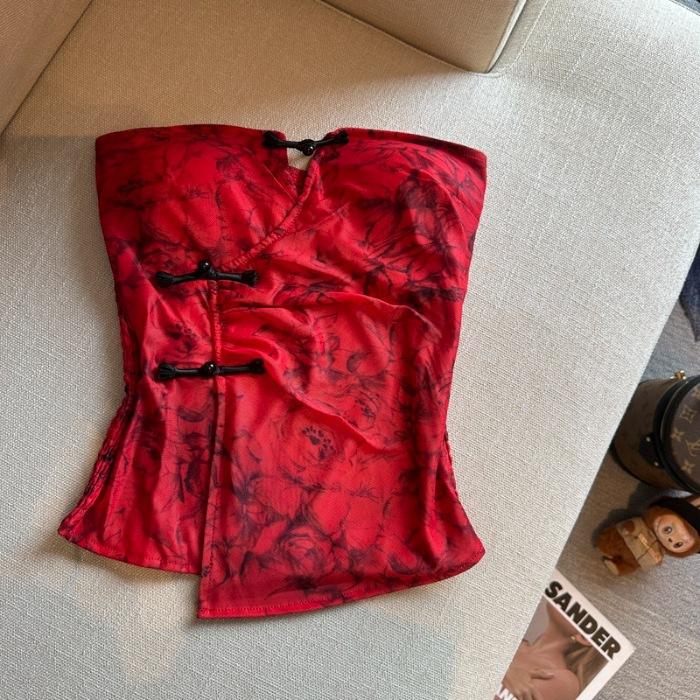 Trendy new printed tube top slim top women's splicing summer one-word shoulder t-shirt retro new Chinese buckle design