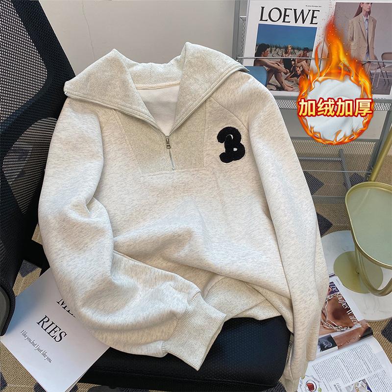 

Chinese cotton composite is really super, gray sweater autumn and winter velvet thickened zipper lapel embroidery to keep warm XL сірий колір