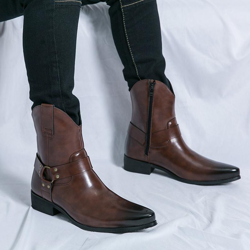 Men's Western Style Cowboy Boots - Pointed Toe, High-Top Leather Martin Boots