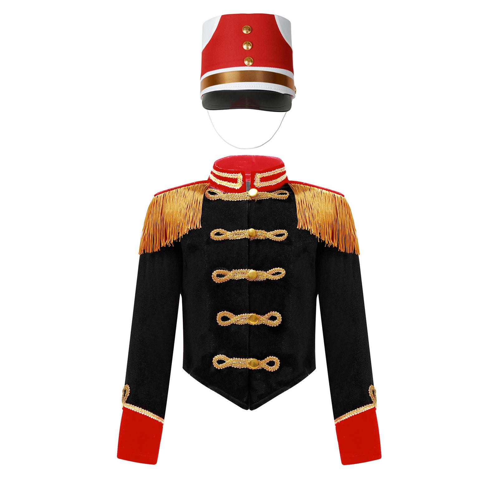 

Комплект костюма барабанщицы для девочек, куртка с длинным рукавом, стойкой и кисточками на плечах, на пуговицах, со шляпой, для выступлений и соревнований 3-4 Years чёрный