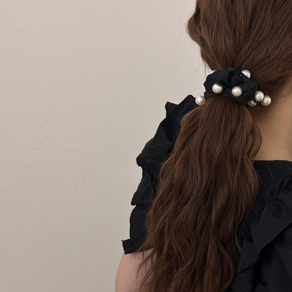 Black Color Pearl Hair Tie Pearl Decoration Bow Headdress Fashion Ponytail Holder  Daily Wear
