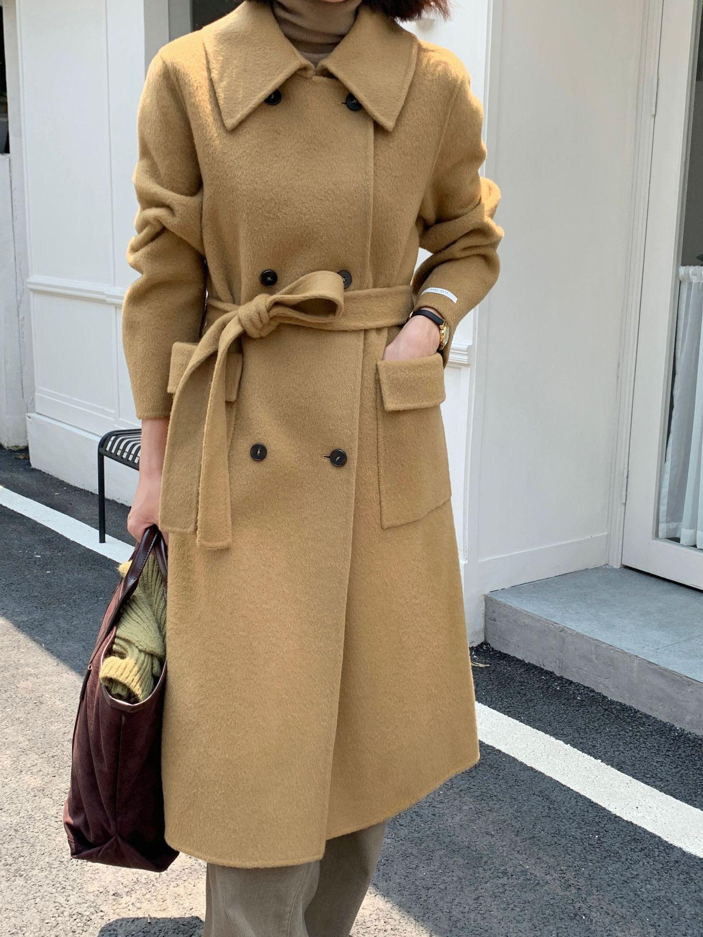 

Классическое двубортное кашемировое пальто с лацканами для повседневных поездок на работу, универсальное и тонкое шерстяное пальто для женщин M