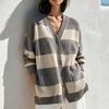 Women's Casual Color Block Striped V-Neck Knit Cardigan Open Front Sweater for Spring and Fall