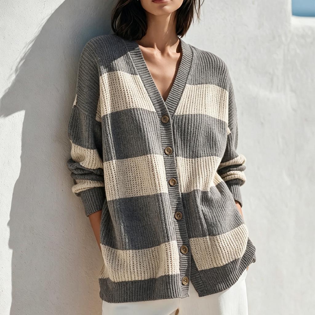 Women's Casual Color Block Striped V-Neck Knit Cardigan Open Front Sweater for Spring and Fall
