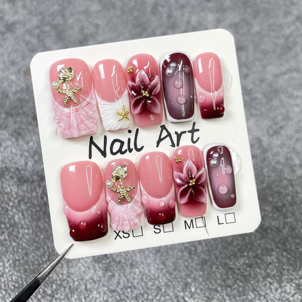 10Pcs Wine Red Gradient French Square Press On Nails With 3D Flowers Handmade Stick On False Nails