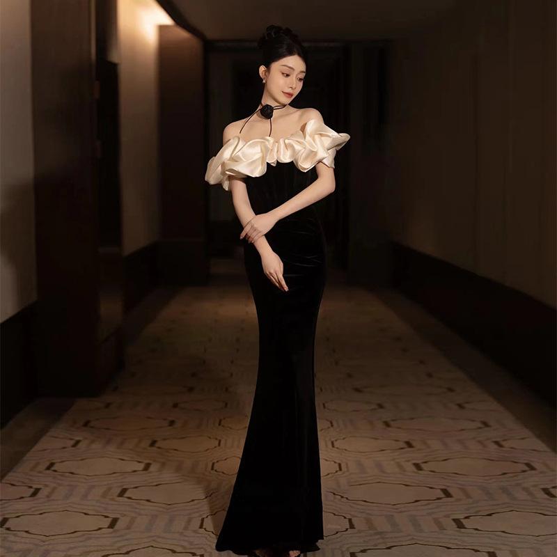 Black One-word Shoulder Evening Dress, Femininity, High-end Fishtail, Advanced Sense, Adult Ceremony Banquet Dress, Light Luxury Niche