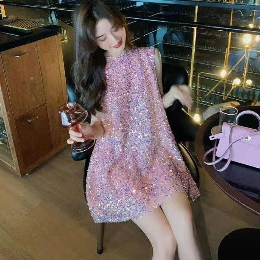 

Платье с пайетками для женщин Новый летний стиль Тяжелое блестящее Свободное Большого размера Стройнящее Тонкое Платье-майка M