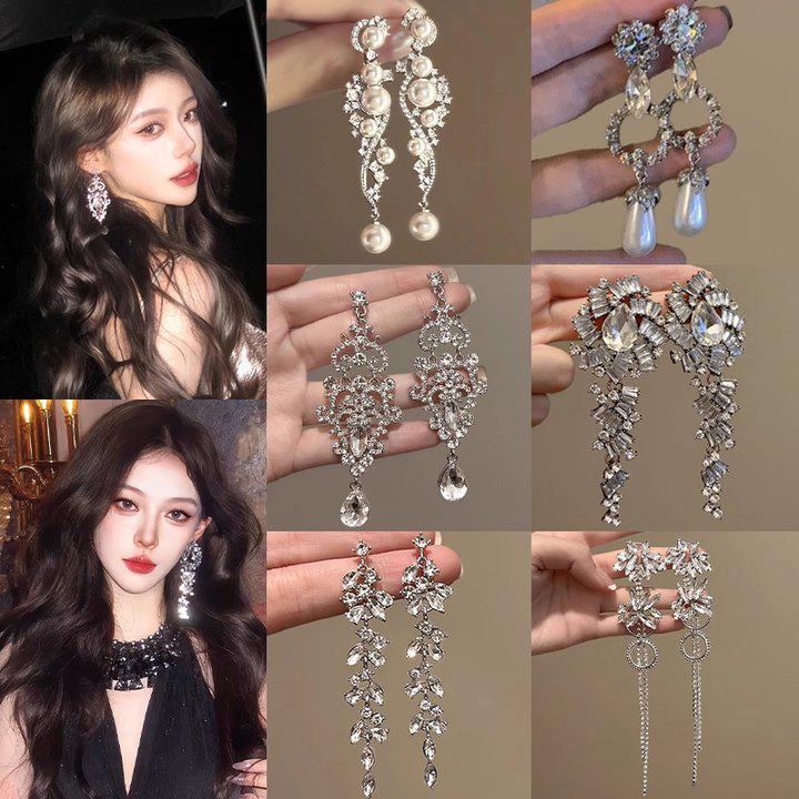 2025 Light Luxury Silver Needle Diamond Flower Tassel Earrings - Elegant European & American Style for Women