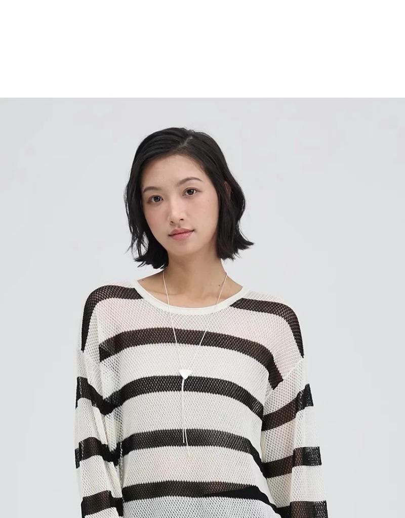 Women's Summer Striped Linen Knitwear: Openwork Long Sleeve Loose T-shirt Cardigan