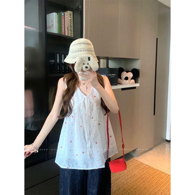 Kumikumi Sweet Style Colorful Flower Embroidery Vest Women clothes Summer Loose Slimming Milky White Sleeveless Top