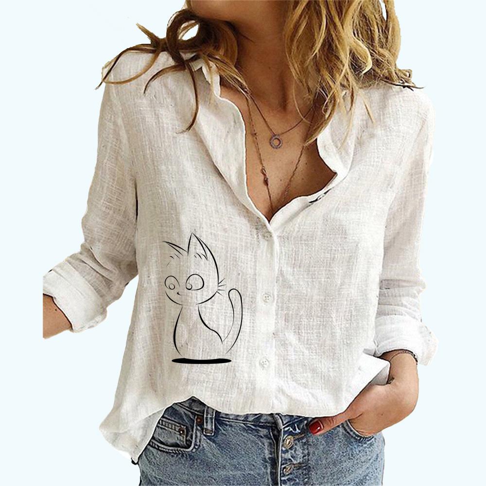 Women Fashion Cat Print Cotton Linen Top Ladies Lapel Collar Long Sleeve Cardigan Shirt Spring&Summer&Fall Casual Loose Blouses