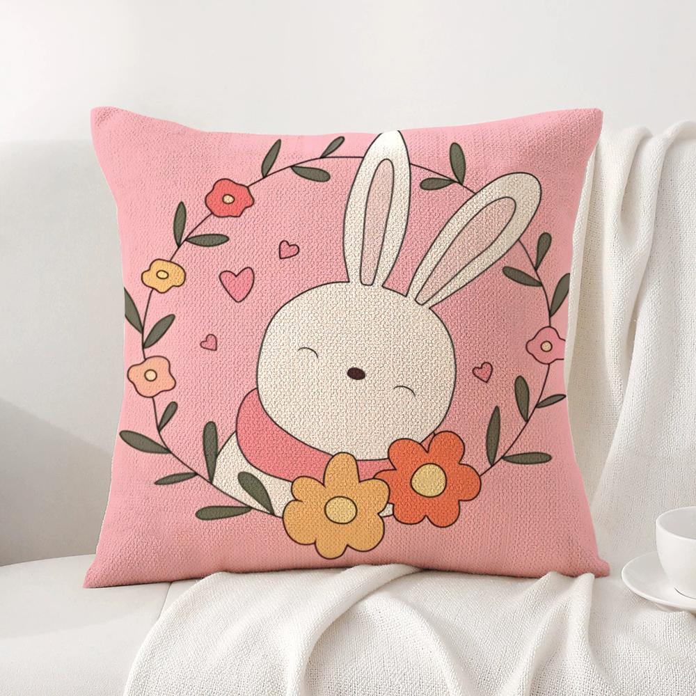Cute Bunny Easter Cushion Cover Natural Linen Organic Fabric Double-Sided Printing Sofa Home Decor Gift Pillow Cover