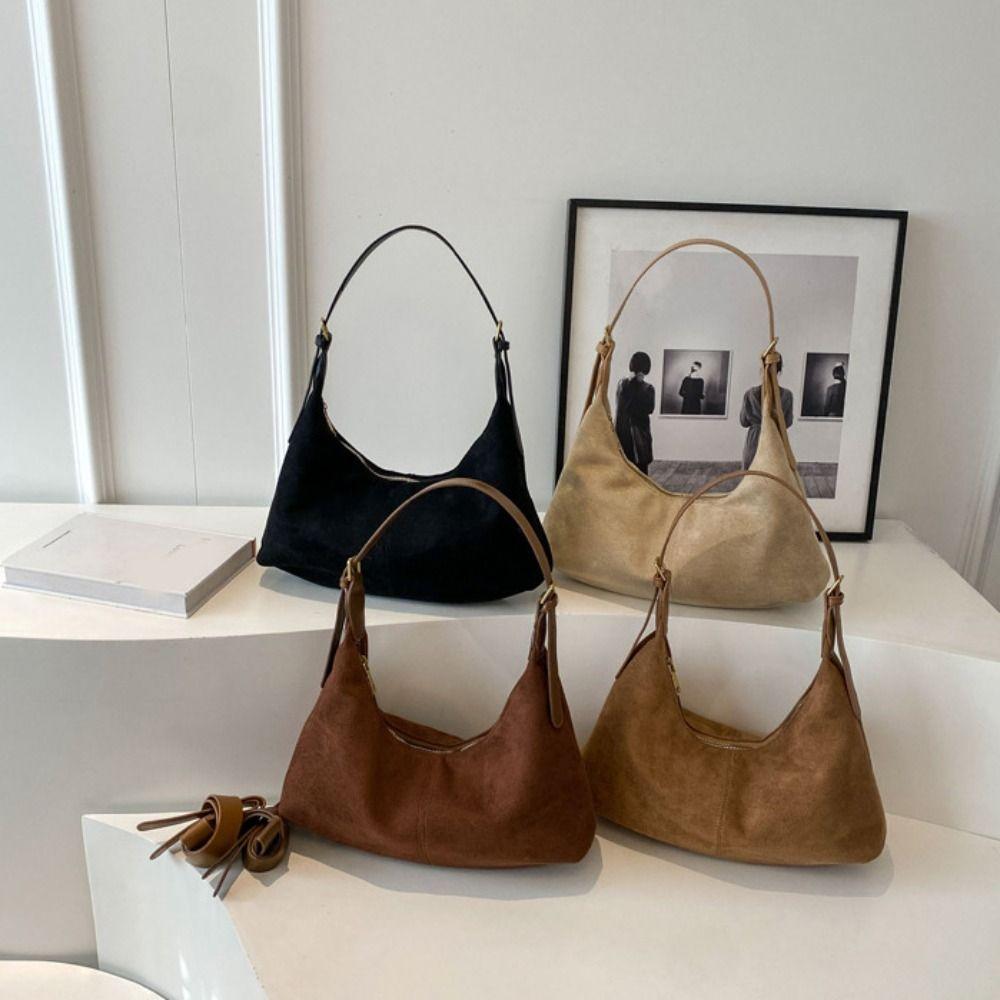 Large Capacity Hobo Bag Solid Color Tote Bag Simple Suede Shoulder Bag Autumn and Winter