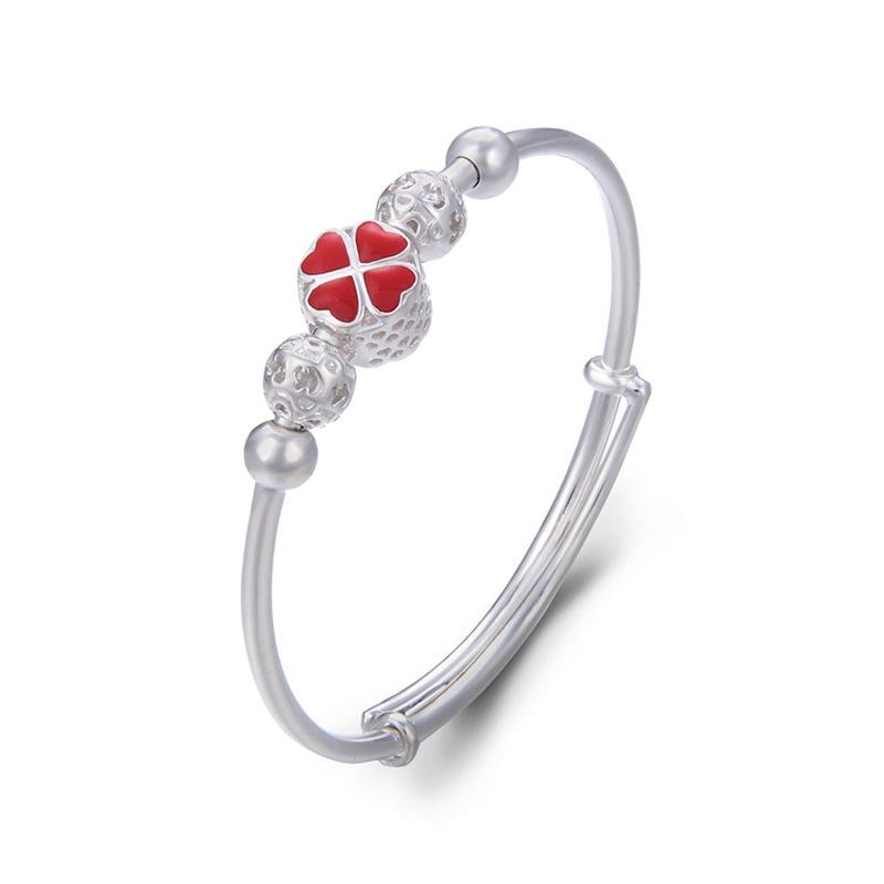S990 Silver Bracelet Women's Korean Edition Minimalist Red Dropped Oil Clover Bracelet Fashion Hand Decoration Foot Silver Bracelet