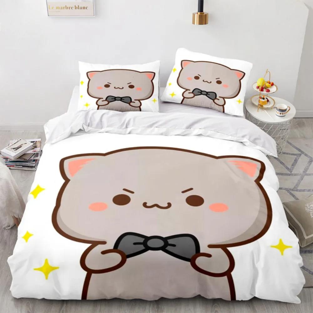 Cartoon Lovely Peach Cat Bedding Set Boys Girls Twin Queen Size Duvet Cover Pillowcase Bed Kids Adult Fashion Home Textileextile