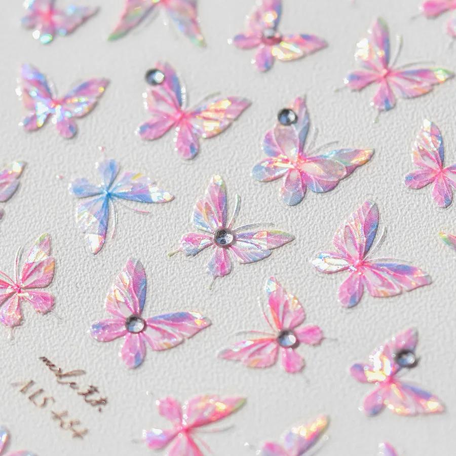 Shiny Jelly Butterfly Charming Golden Gradient Bowknot 5D Self Adhesive Nail Art Sticker Flower Petal Rhinestone Manicure Decals