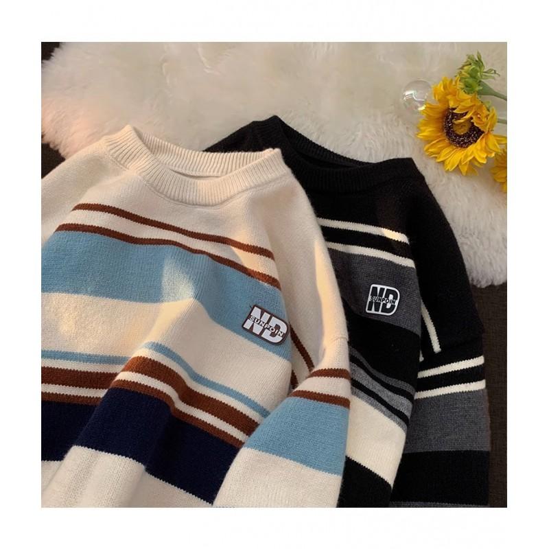Unisex Oversized Striped Knit Sweater Fall Casual Round Neck Pullover Youth
