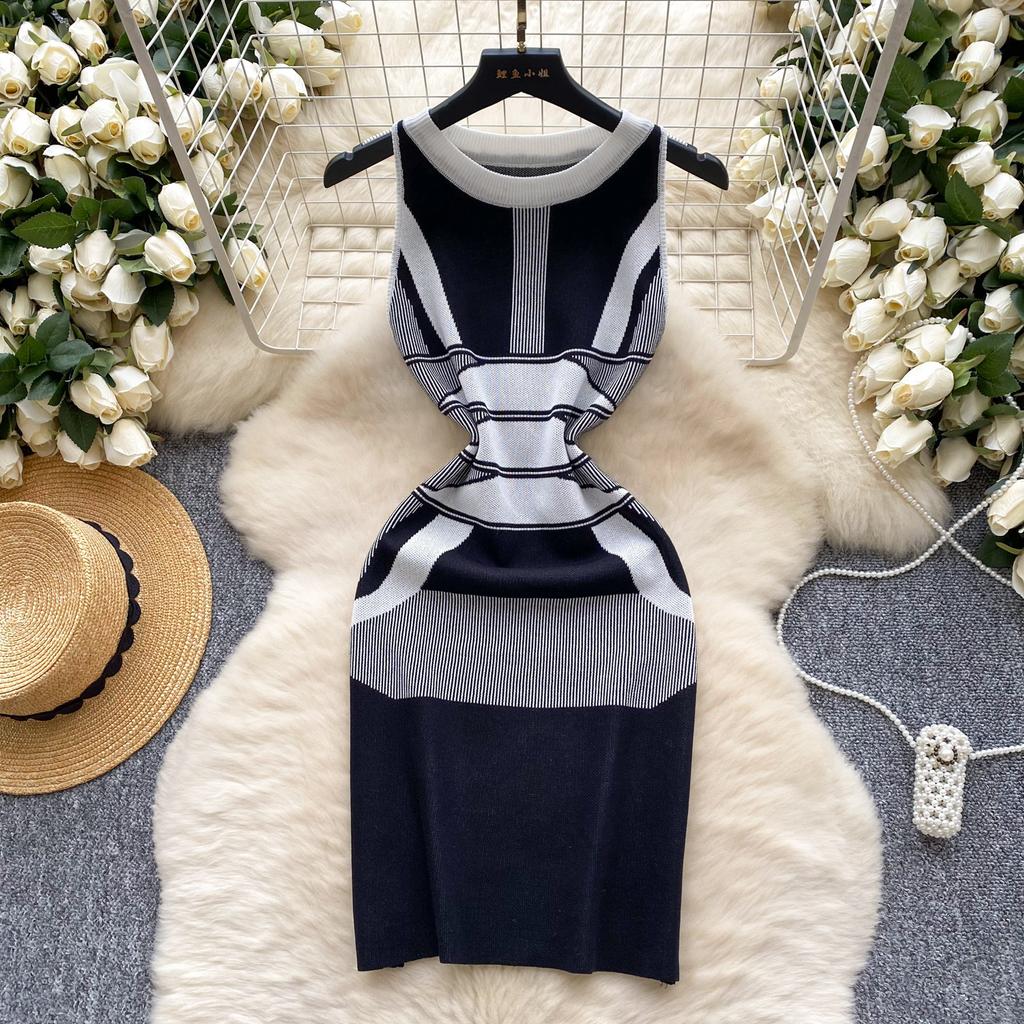 Summer Women French Senior Knitting Sweater Tank Dress Female O Neck Sleeveless High Elastic Slim Fit Sundress Patchwork Chic OL Mini Dress