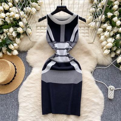 French Senior Knitting Dress Female O Neck Sleeveless High Elastic Slim Fit Sundress Patchwork Chic OL Midi Dress