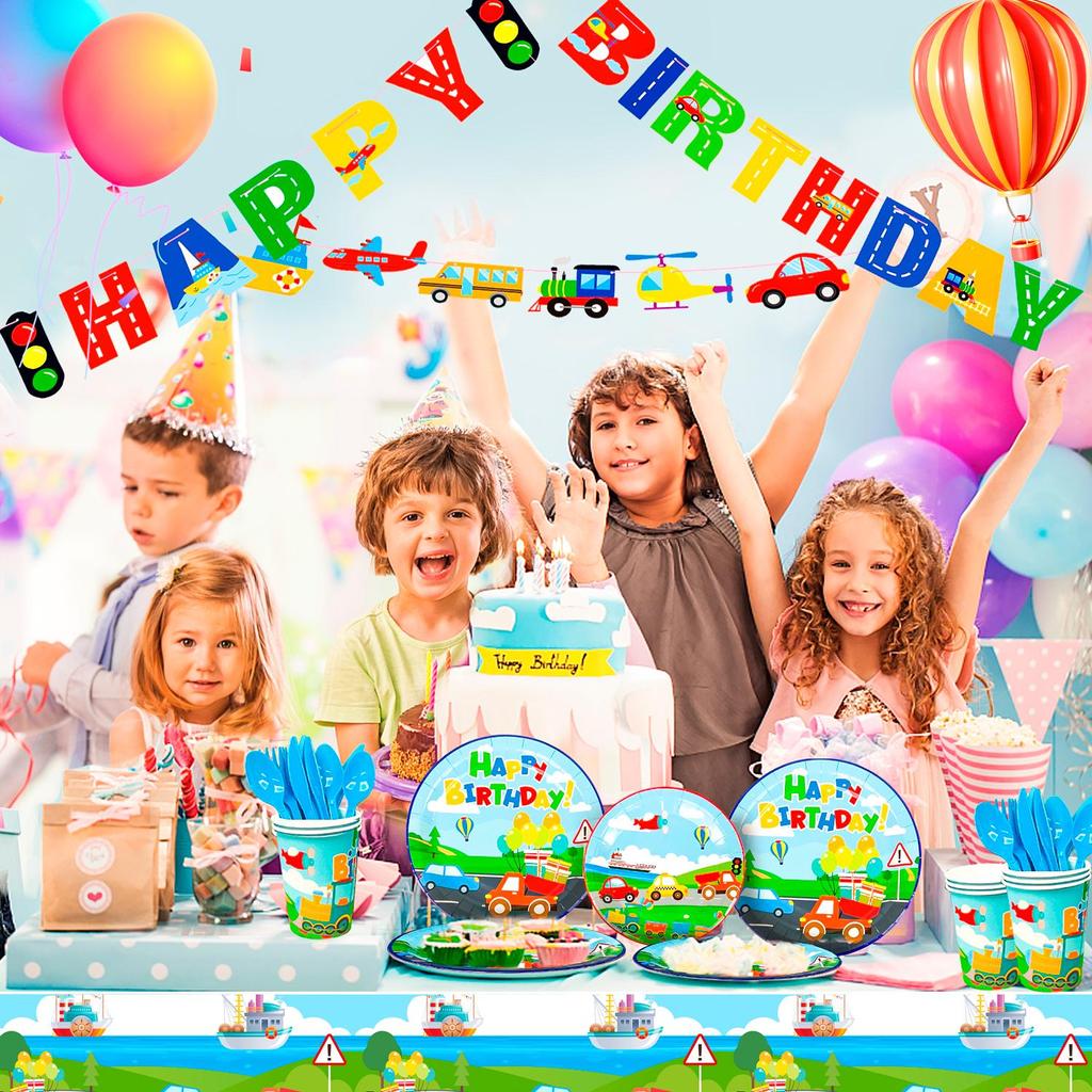 190pcs Transportation Birthday Party Supplies, Transportation Party Tableware Set-Banner Tablecloth Plates Napkin Etc