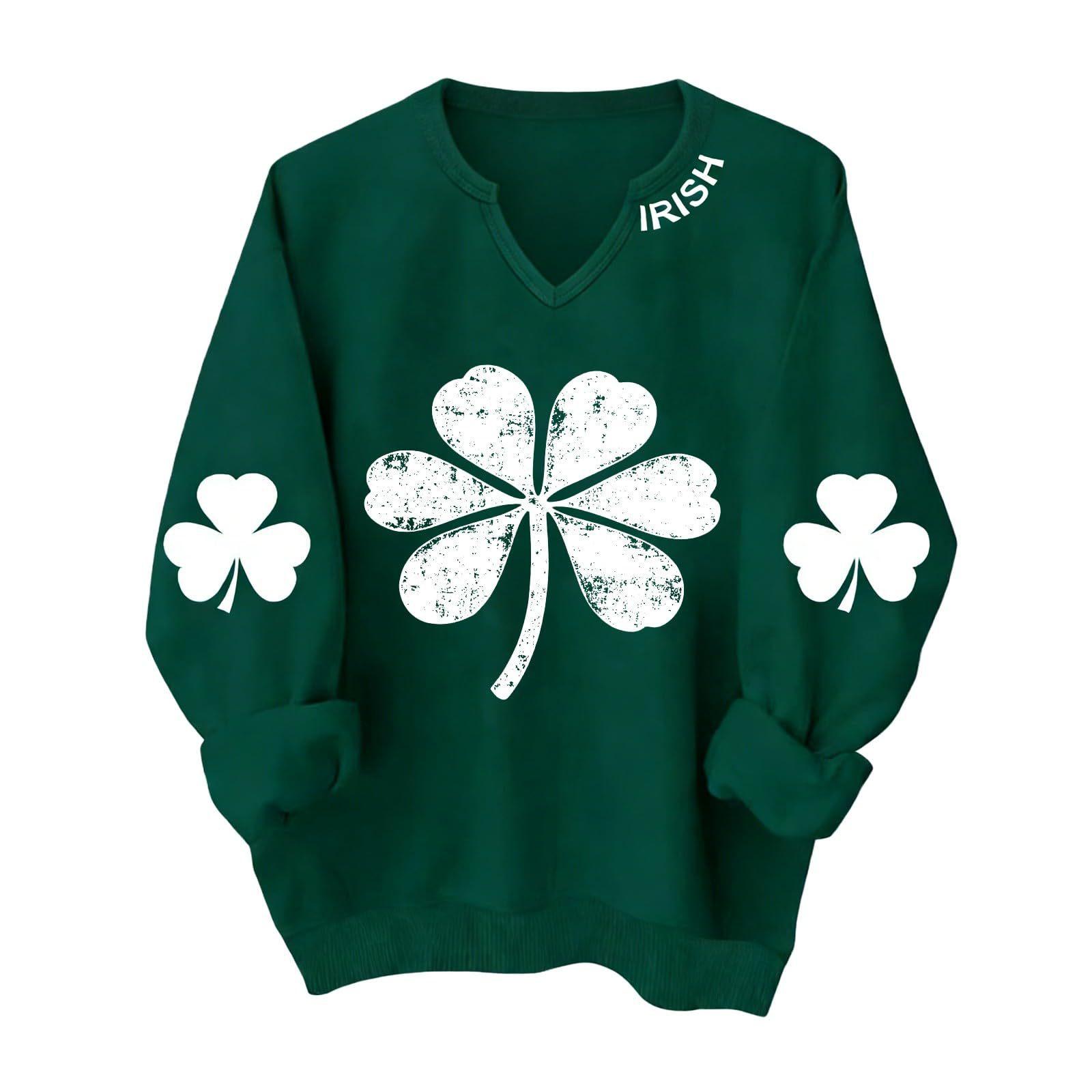 2026 new European and American style V-neck green clover print sweater women s loose cross-border St. Patrick s Day tide S