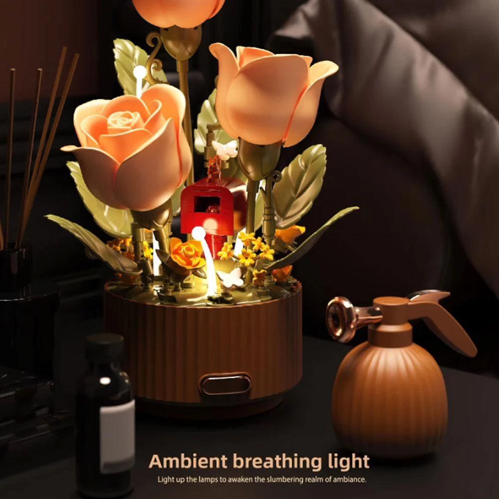 Auto-blooming Petals Dynamic Wooden Flower Arrangement Bouquet Model, Magic Sprayer & Aromatherapy Breathing Lights Gifts