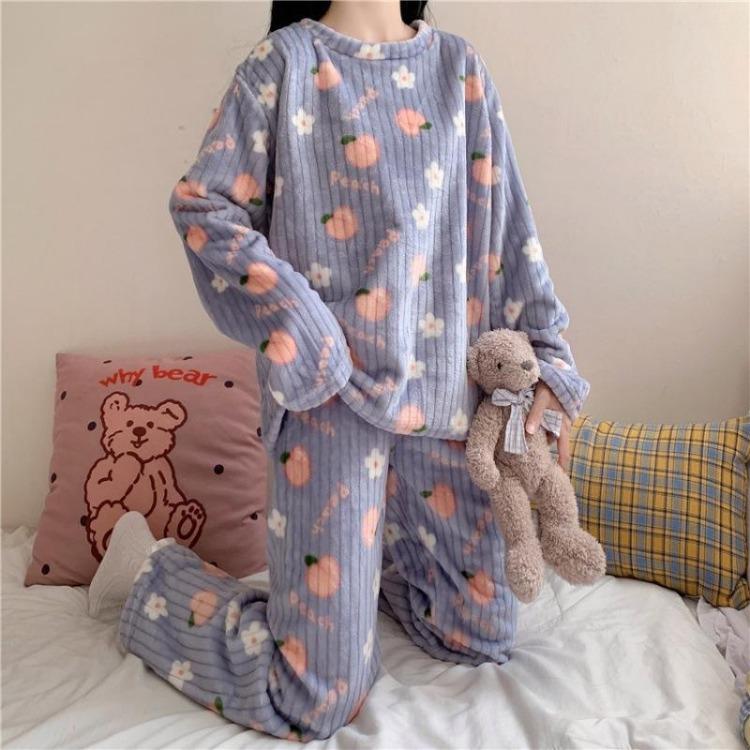 Warm Thickened Women Casual Loose Bear Bow Tie Apple Pajamas Set Sweet Cute Homewear Can Be Worn Outside Fall Winter Outfit