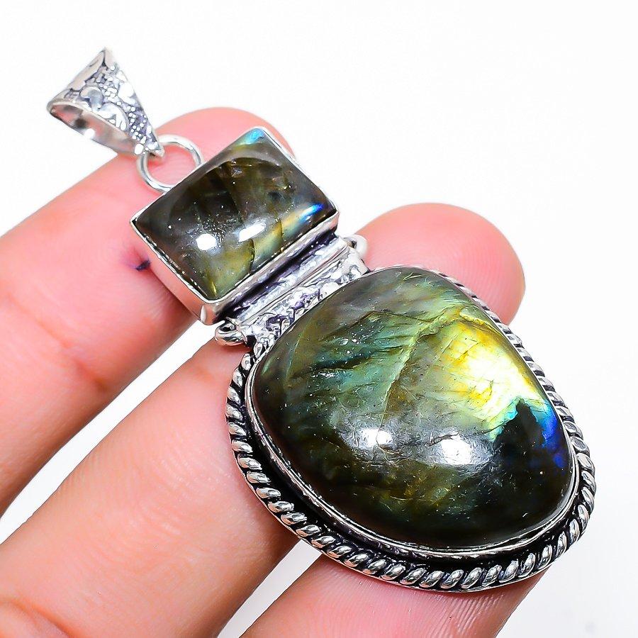 Pietra Preziosa Labradorite Fatto a Mano Argento Sterling 925 Ciondolo Gioiello 2.29"