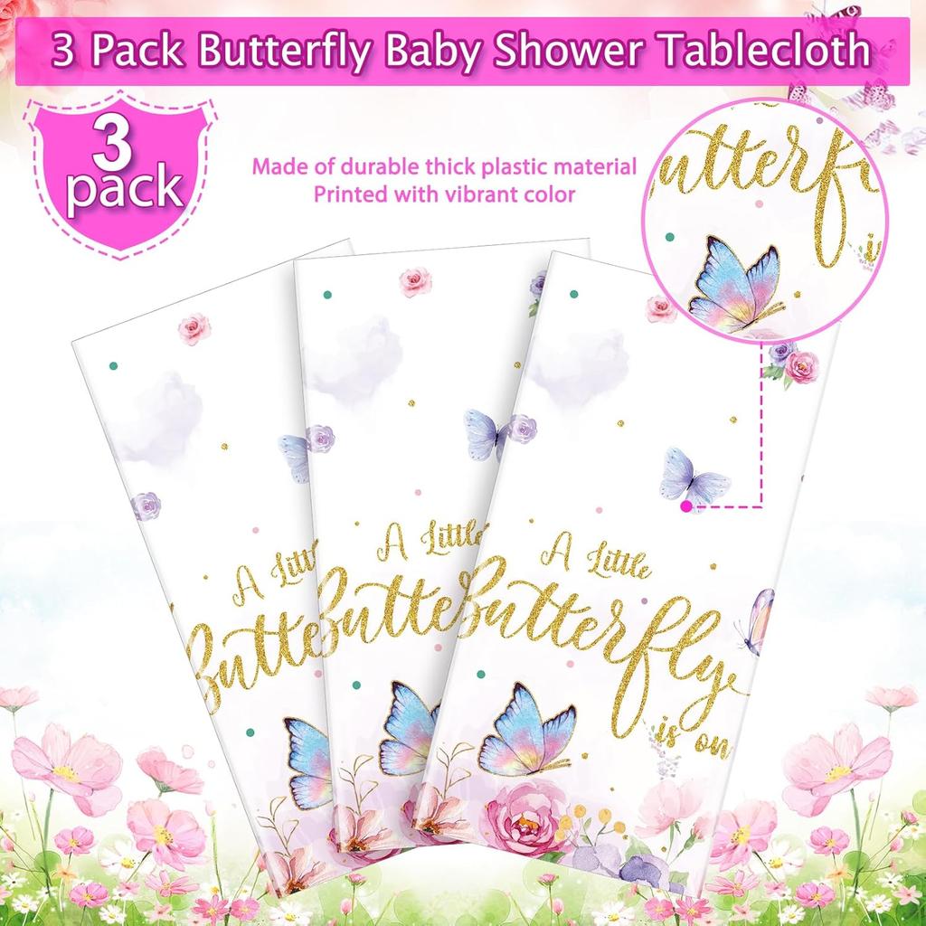FunnyPars 3 Pack Butterfly Baby Shower Tablecloth, Little Butterfly is On The Way Baby Shower Decorations, Plastic Disposable Rectangle Watercolor